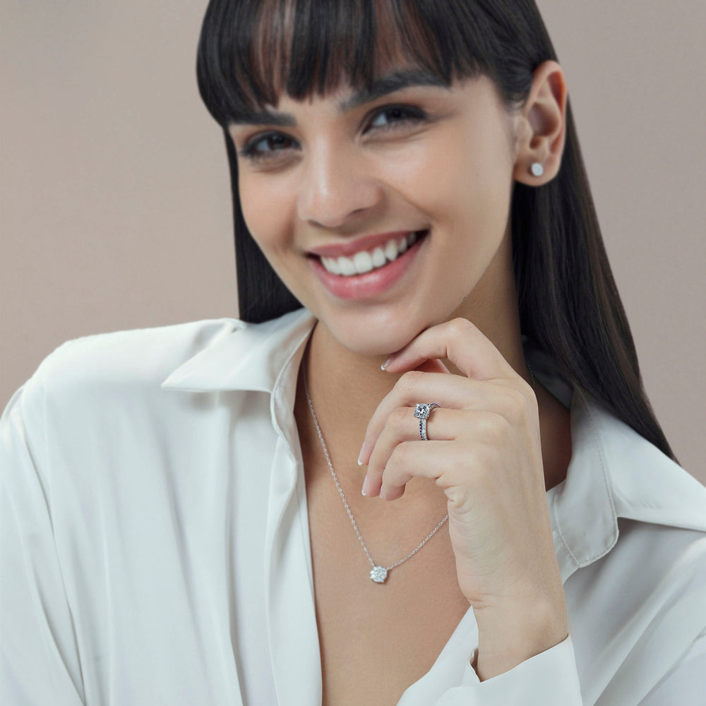 Model Wearing Something Blue Muscari Bloom Knife Edge Engagement Ring with Lab Grown Diamond view