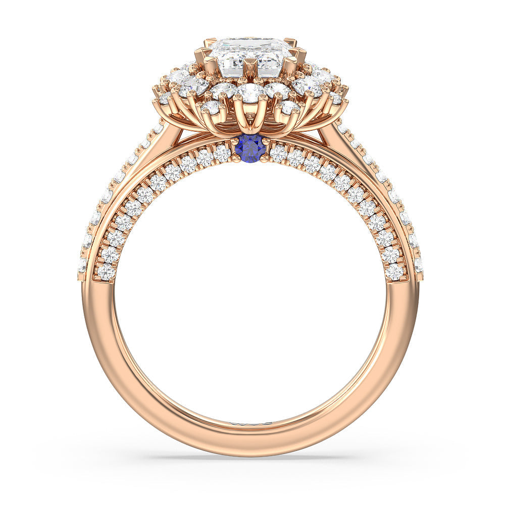 Hydrangea Bloom Halo Engagement Ring with Emerald Cut Diamond in 14KT Rose Gold view 2
