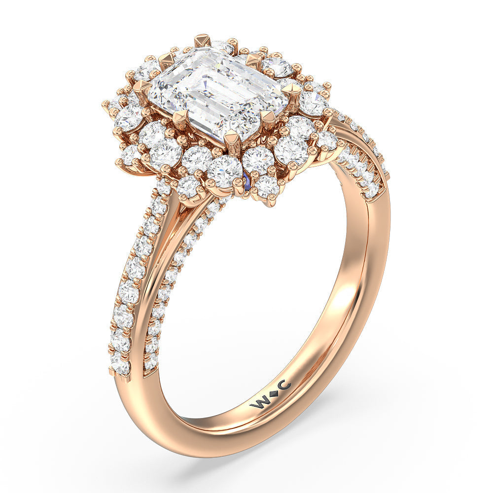 Hydrangea Bloom Halo Engagement Ring with Emerald Cut Diamond in 14KT Rose Gold view 3
