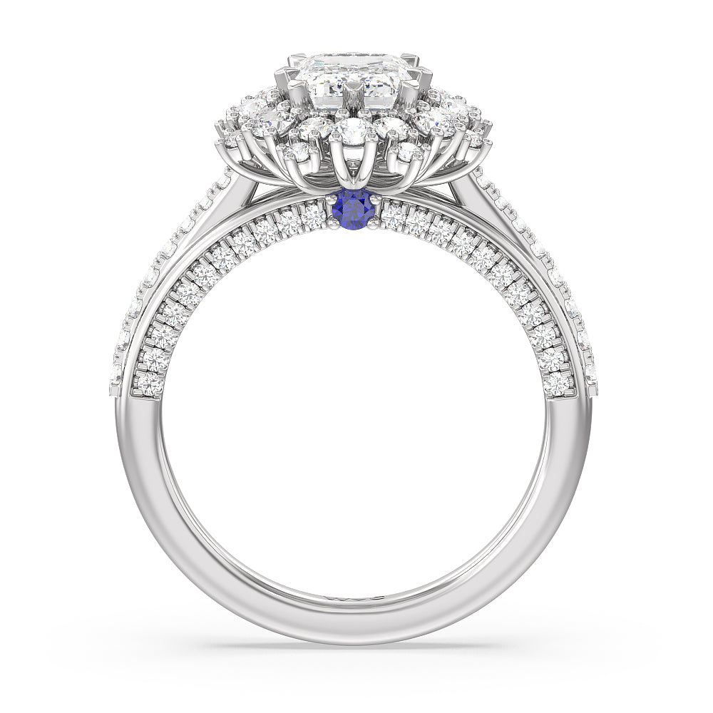 Hydrangea Bloom Halo Engagement Ring with Emerald Cut Diamond in 14KT Platinum view 2
