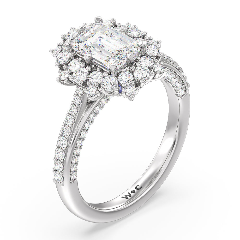 Hydrangea Bloom Halo Engagement Ring with Emerald Cut Diamond in 14KT Platinum view 3
