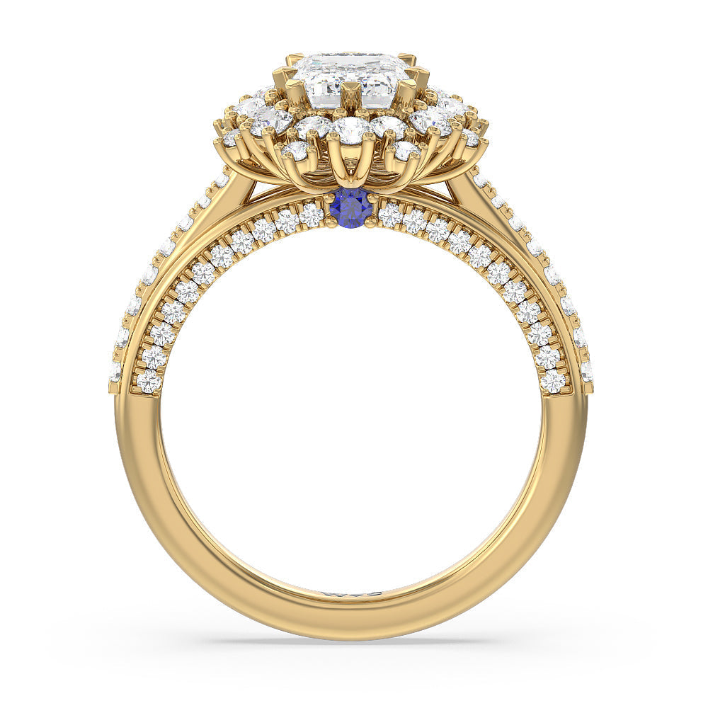 Hydrangea Bloom Halo Engagement Ring with Emerald Cut Diamond in 14KT Yellow Gold view 2

