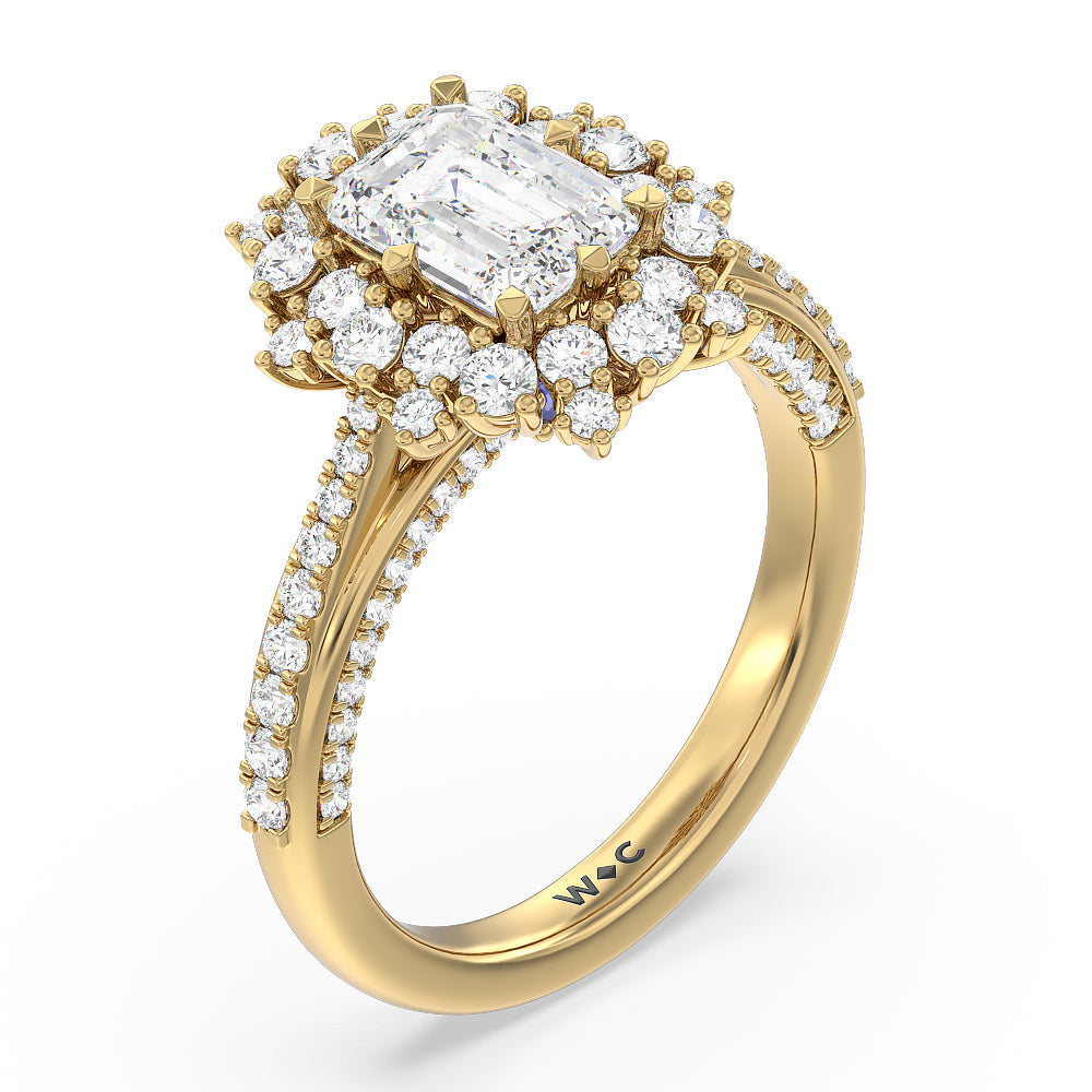 Hydrangea Bloom Halo Engagement Ring with Emerald Cut Diamond in 14KT Yellow Gold view 3
