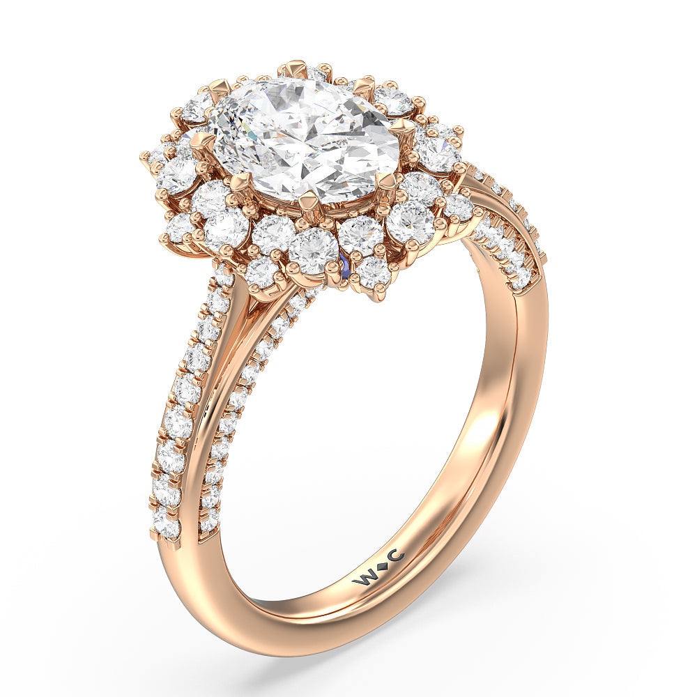 Hydrangea Bloom Halo Engagement Ring with Oval Cut Diamond in 14KT Rose Gold view 3
