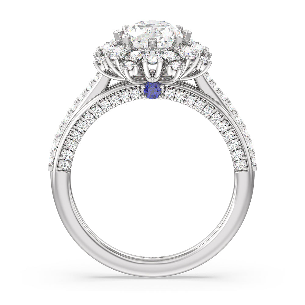 Hydrangea Bloom Halo Engagement Ring with Oval Cut Diamond in 14KT Platinum view 2
