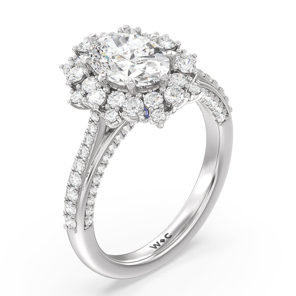 Hydrangea Bloom Halo Engagement Ring with Oval Cut Diamond in 14KT Platinum view 3
