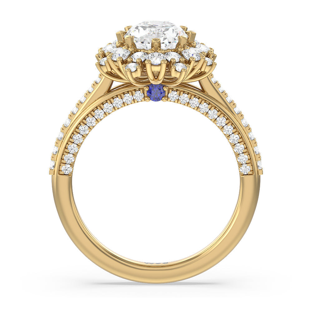 Hydrangea Bloom Halo Engagement Ring with Oval Cut Diamond in 14KT Yellow Gold view 2
