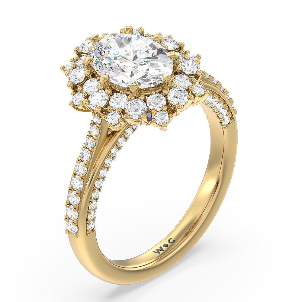 Hydrangea Bloom Halo Engagement Ring with Oval Cut Diamond in 14KT Yellow Gold view 3
