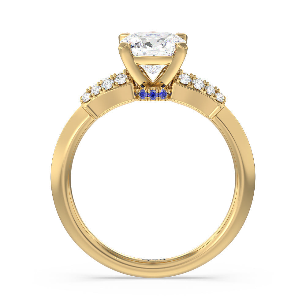 Cushion Cut Something Blue Bluebell Floral Engagement Ring with Lab Grown Diamond in 14KT Yellow Gold view 2
