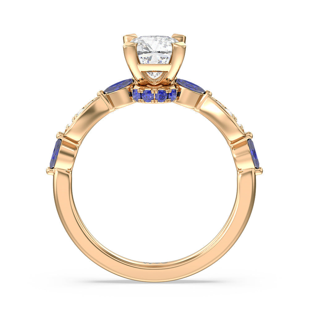 Gerbera Marquise Created Blue Sapphire and Diamond Engagement Ring with Cushion Cut Diamond in 14KT Rose Gold view 2
