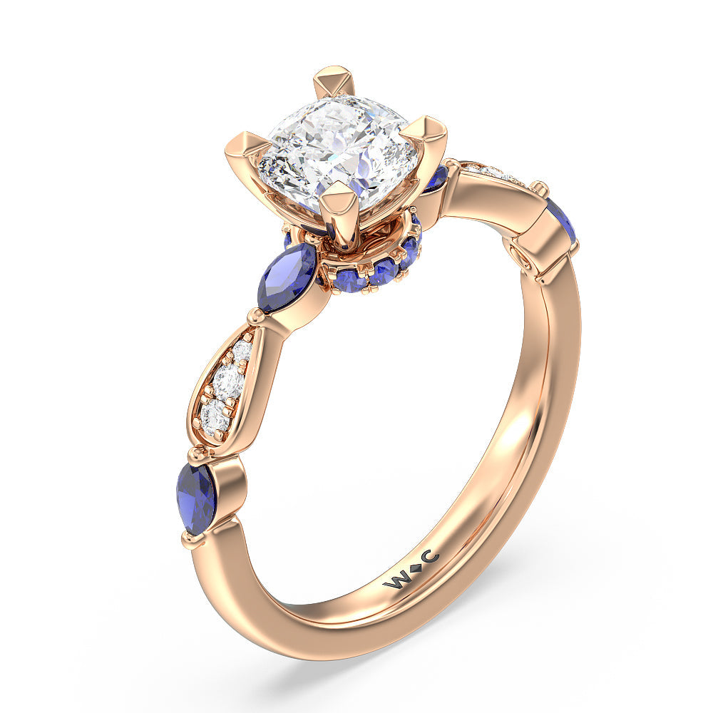 Gerbera Marquise Created Blue Sapphire and Diamond Engagement Ring with Cushion Cut Diamond in 14KT Rose Gold view 3
