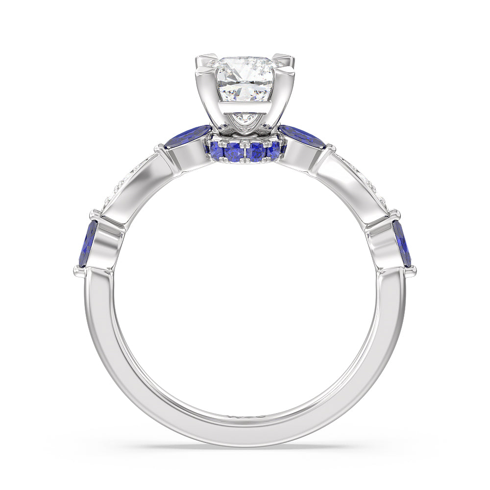 Gerbera Marquise Created Blue Sapphire and Diamond Engagement Ring with Cushion Cut Diamond in 14KT Platinum view 2
