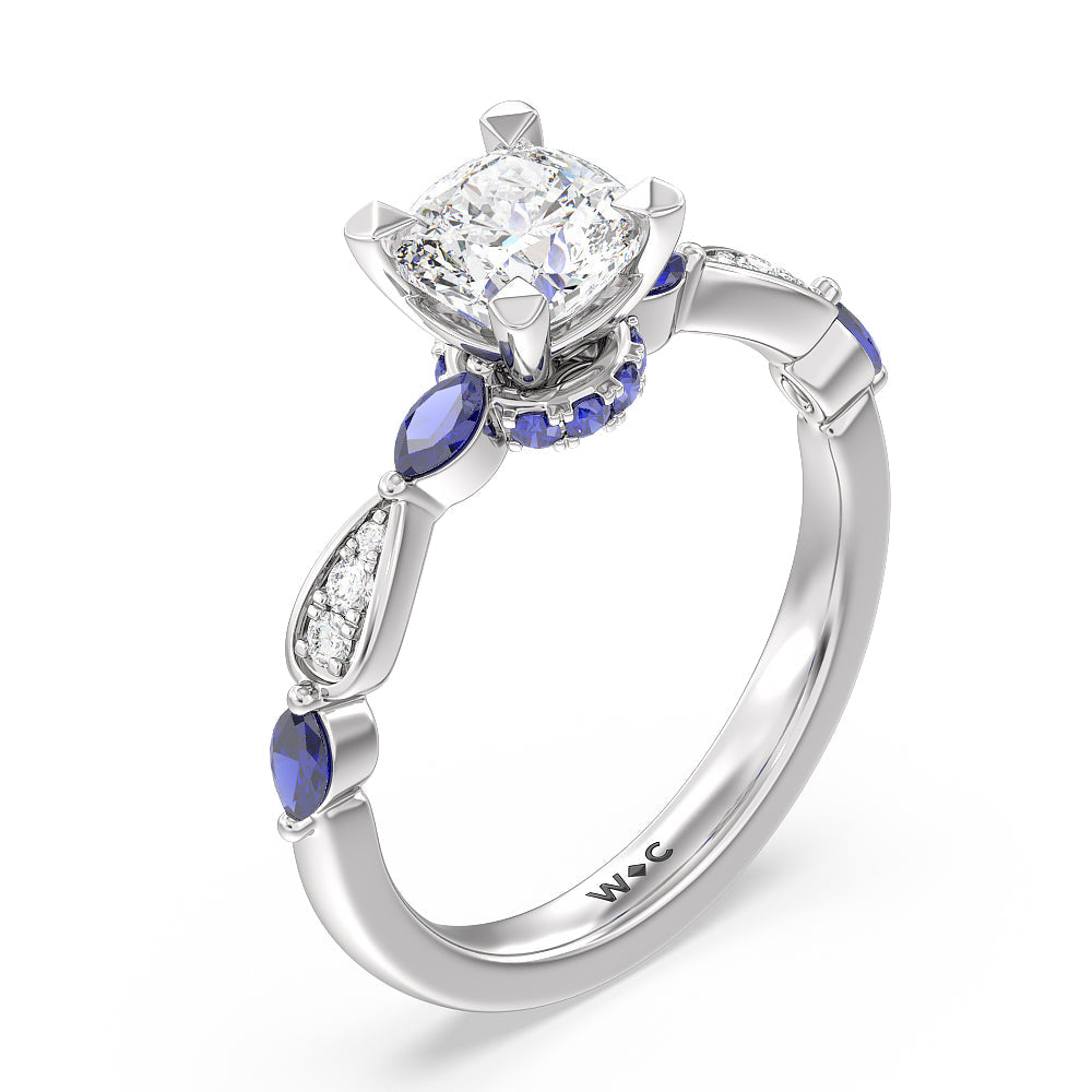 Gerbera Marquise Created Blue Sapphire and Diamond Engagement Ring with Cushion Cut Diamond in 14KT Platinum view 3
