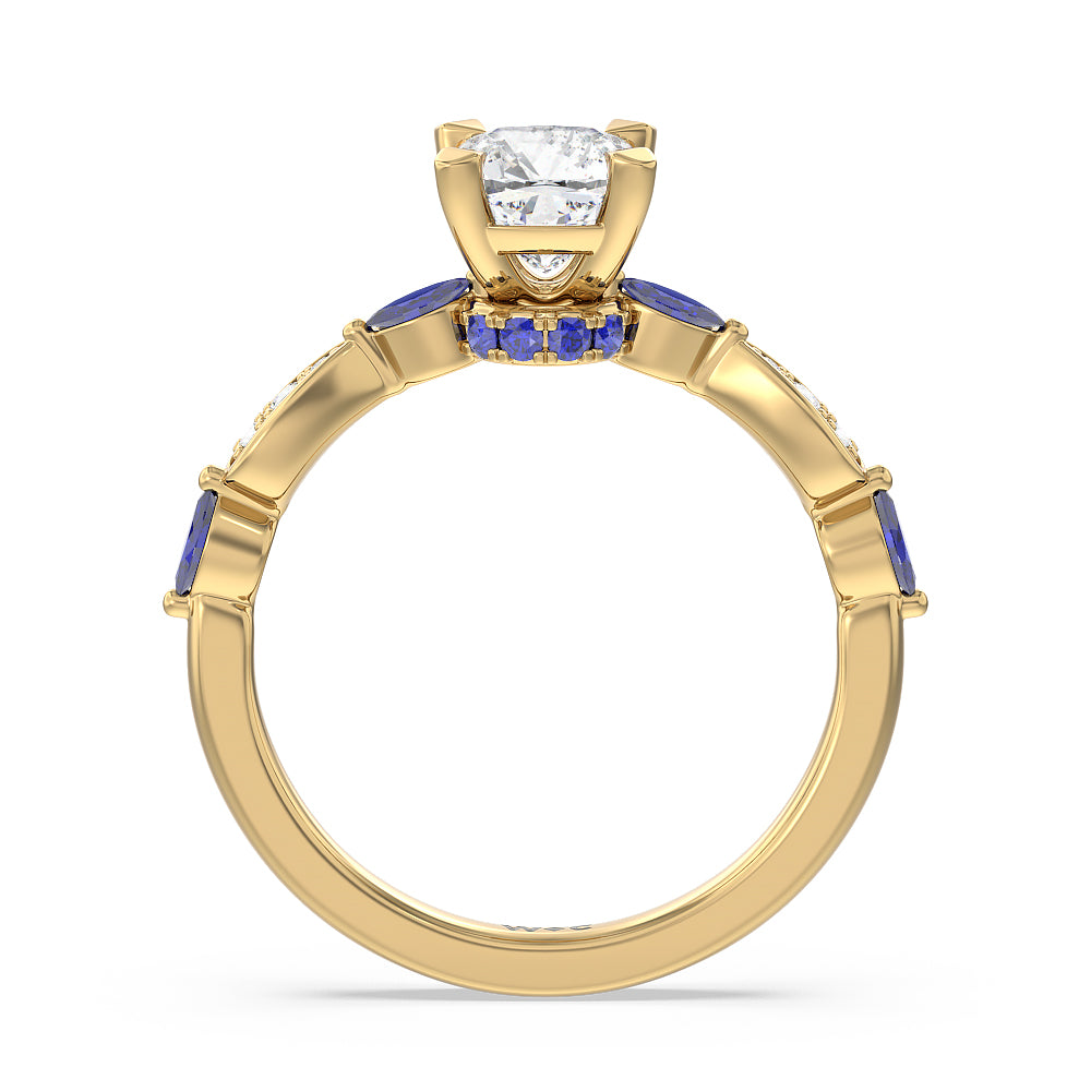 Gerbera Marquise Created Blue Sapphire and Diamond Engagement Ring with Cushion Cut Diamond in 14KT Yellow Gold view 2
