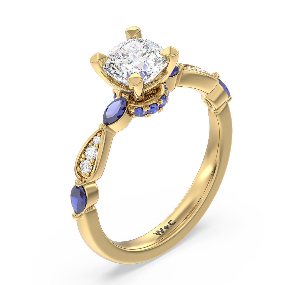 Gerbera Marquise Created Blue Sapphire and Diamond Engagement Ring with Cushion Cut Diamond in 14KT Yellow Gold view 3
