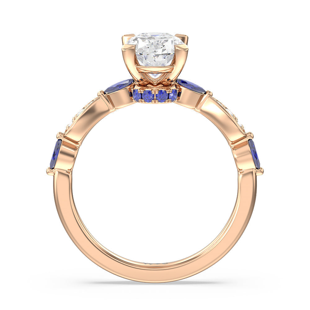 Gerbera Marquise Created Blue Sapphire and Diamond Engagement Ring with Oval Cut Diamond in 14KT Rose Gold view 2
