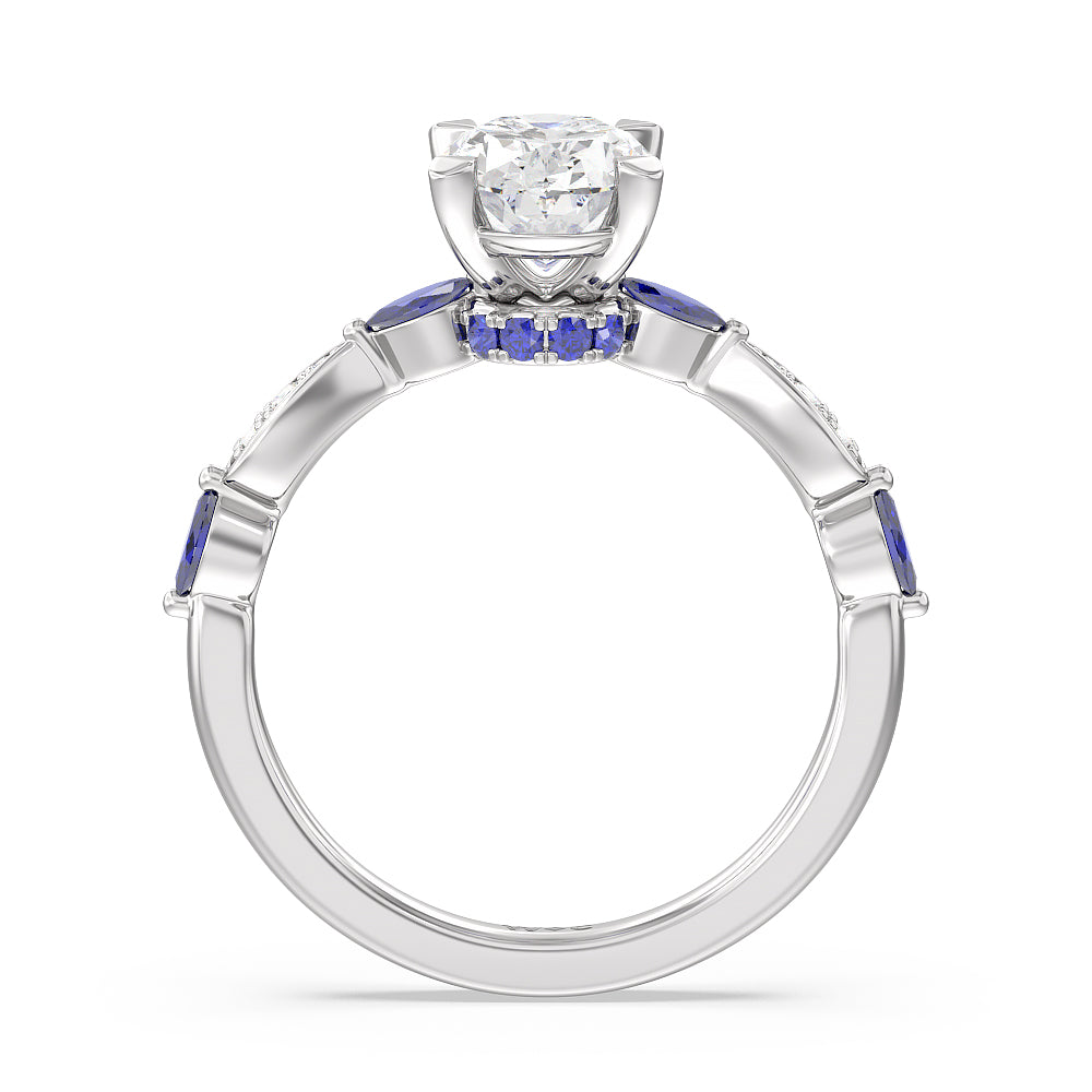 Gerbera Marquise Created Blue Sapphire and Diamond Engagement Ring with Oval Cut Diamond in 14KT Platinum view 2

