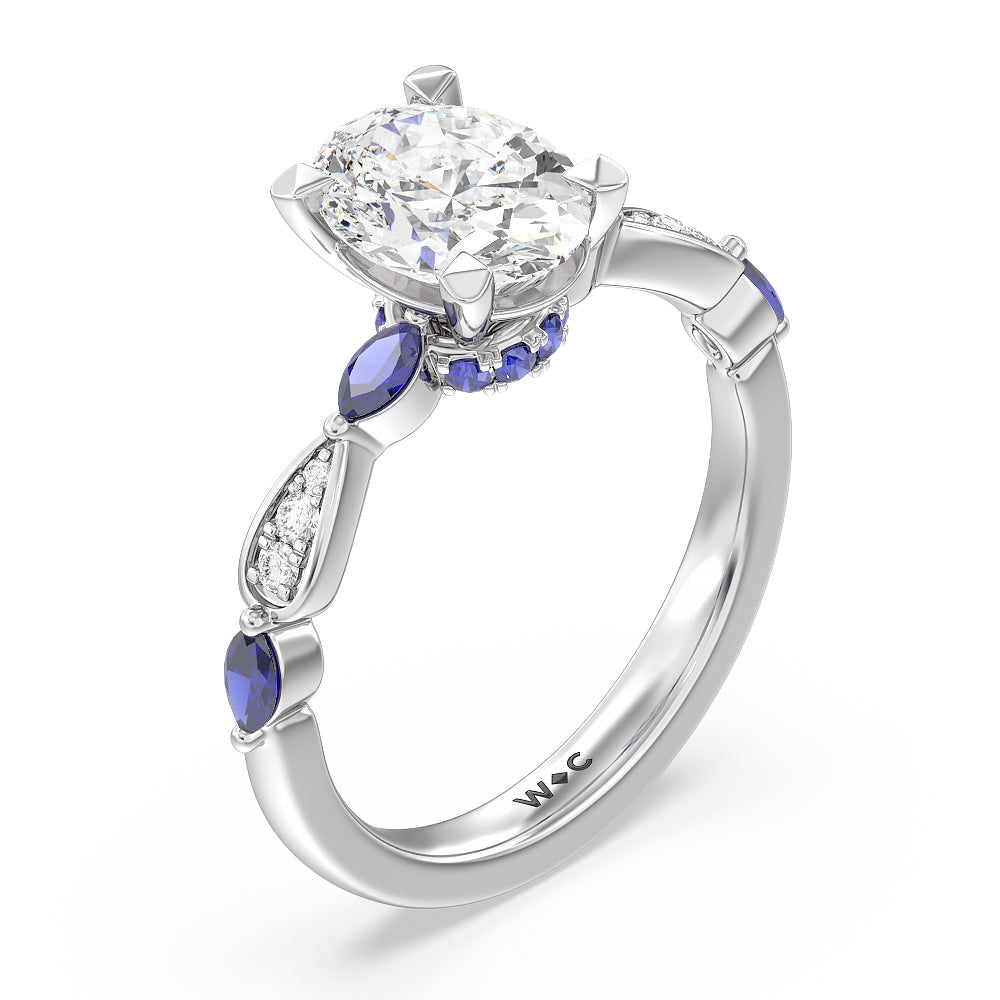 Gerbera Marquise Created Blue Sapphire and Diamond Engagement Ring with Oval Cut Diamond in 14KT Platinum view 3
