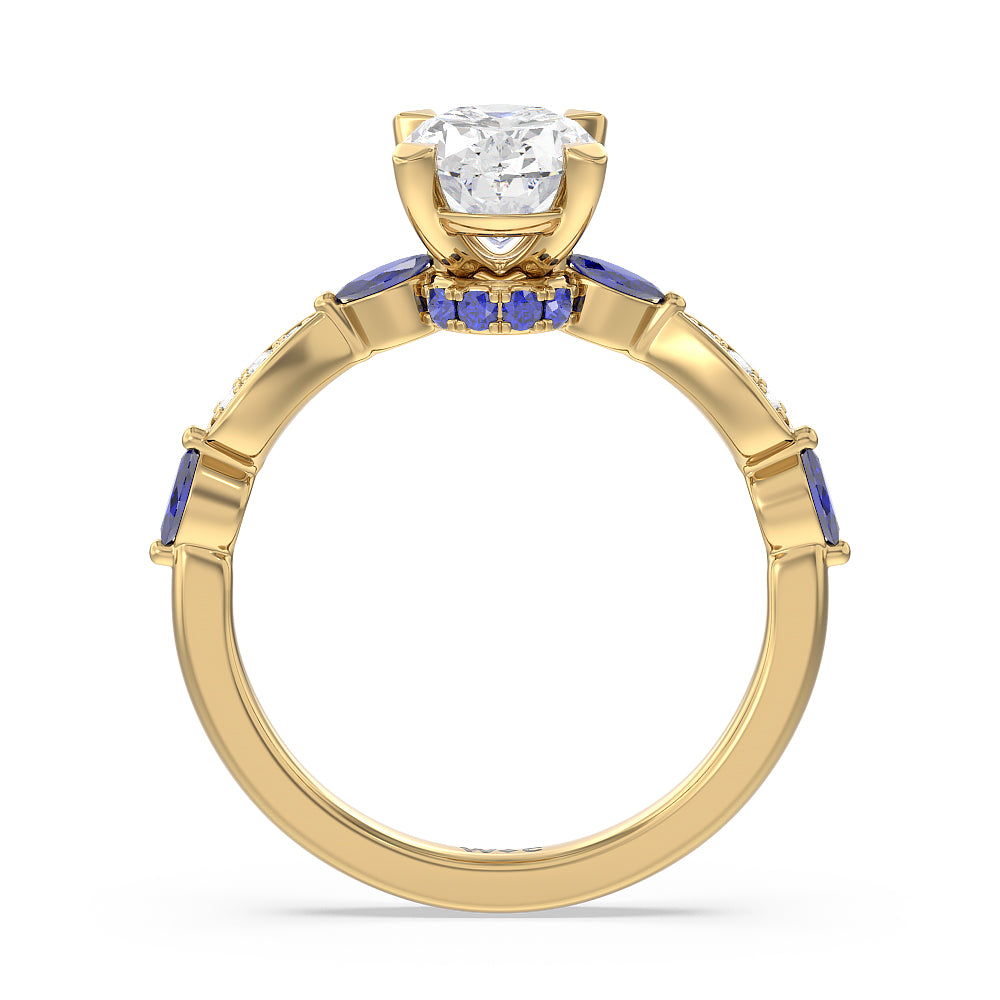 Gerbera Marquise Created Blue Sapphire and Diamond Engagement Ring with Oval Cut Diamond in 14KT Yellow Gold view 2
