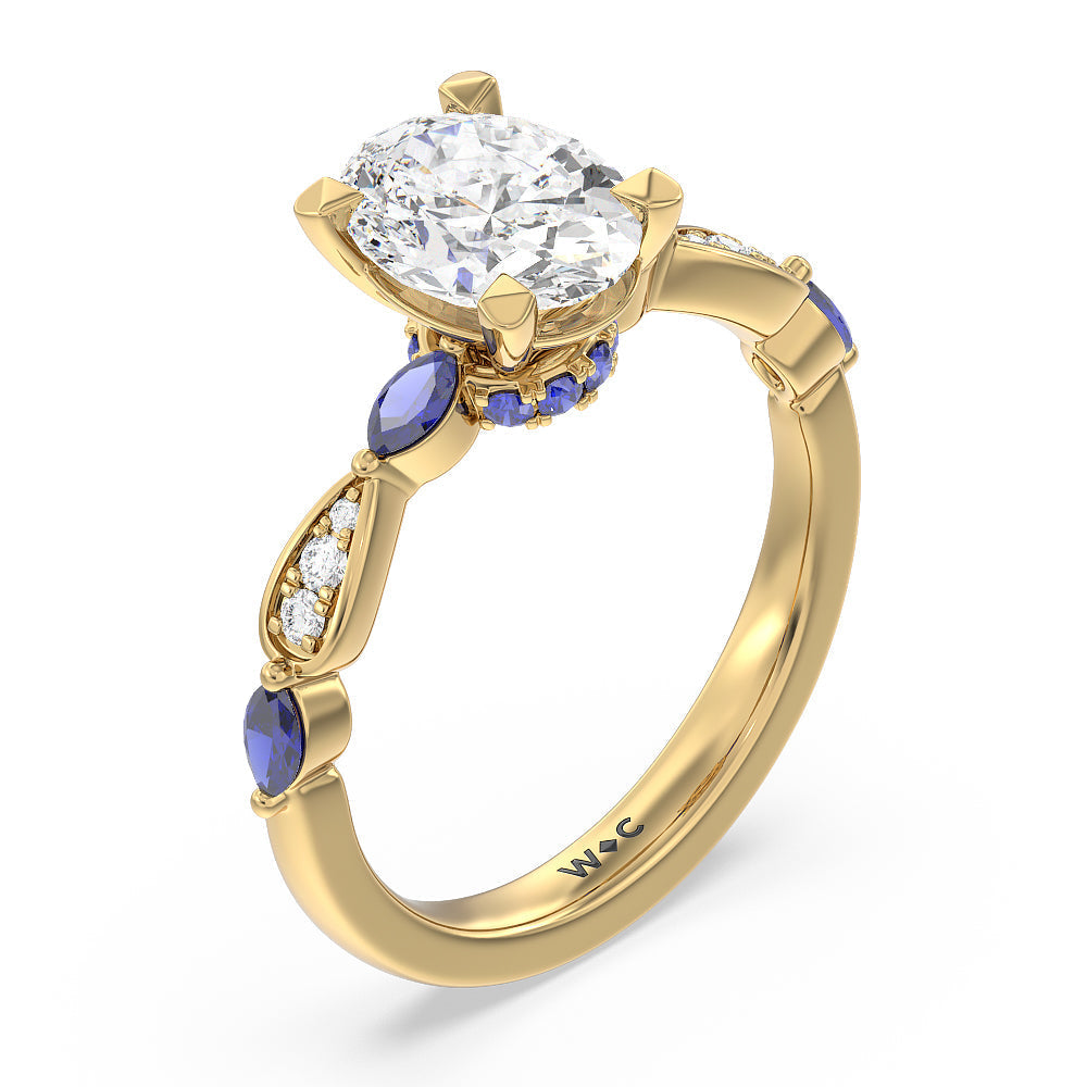 Something Blue Gerbera Marquise Created Blue Sapphire and Diamond Engagement Ring with Oval Cut Diamond in 14KT Yellow Gold view 3
