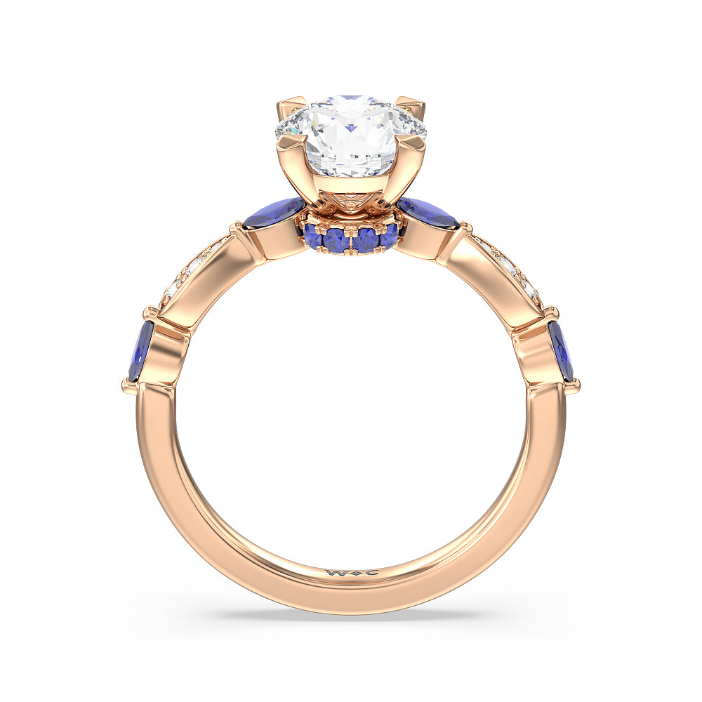 Gerbera Marquise Created Blue Sapphire and Diamond Engagement Ring with Round Cut Diamond in 14KT Rose Gold view 2
