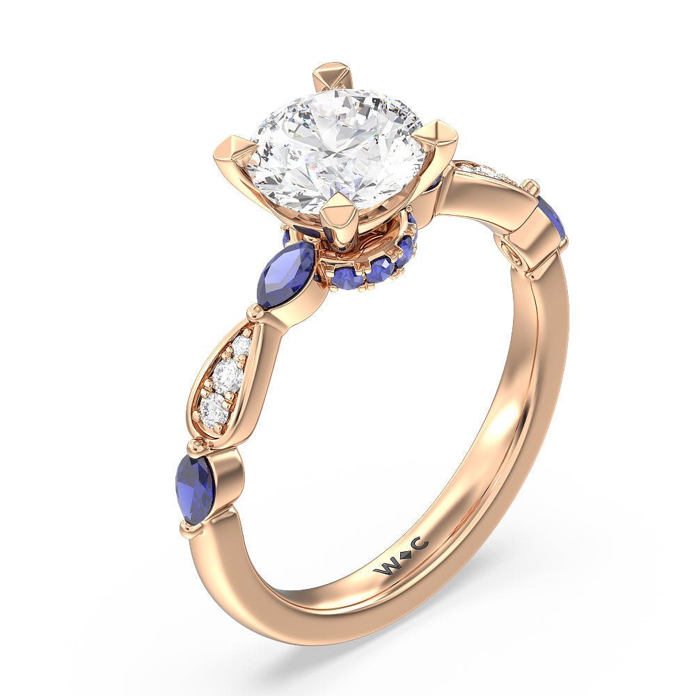 Gerbera Marquise Created Blue Sapphire and Diamond Engagement Ring with Round Cut Diamond in 14KT Rose Gold view 3
