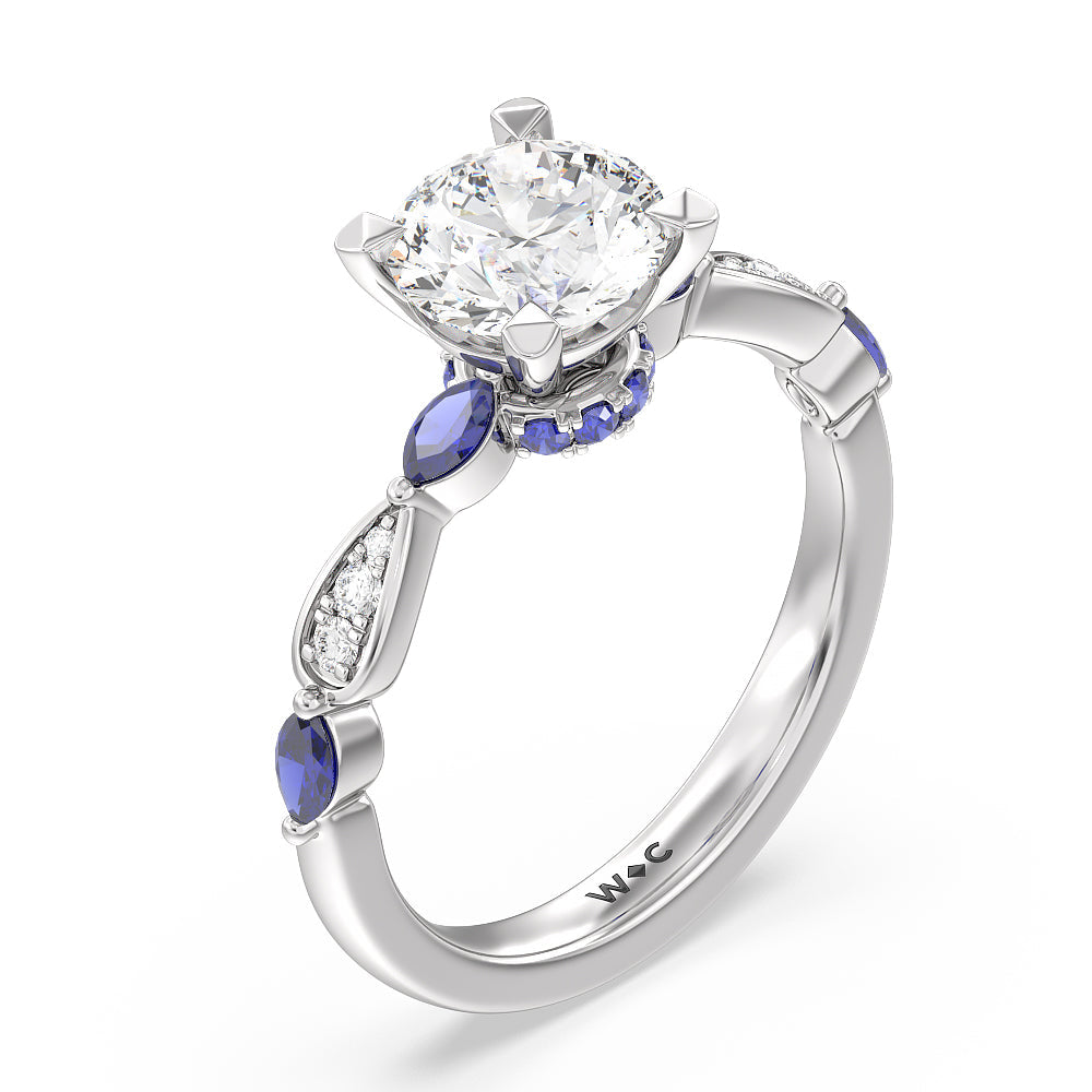 Gerbera Marquise Created Blue Sapphire and Diamond Engagement Ring with Round Cut Diamond in 14KT Platinum view 3
