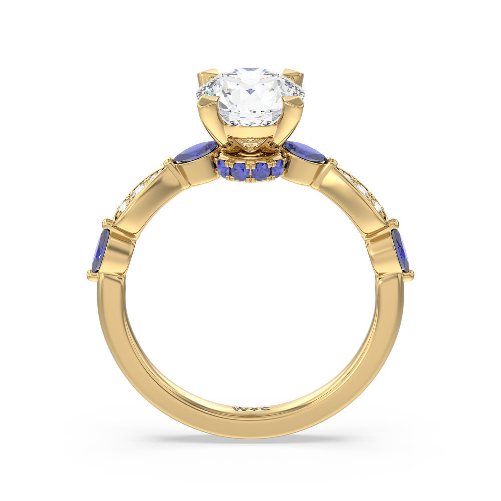 Gerbera Marquise Created Blue Sapphire and Diamond Engagement Ring with Round Cut Diamond in 14KT Yellow Gold view 2
