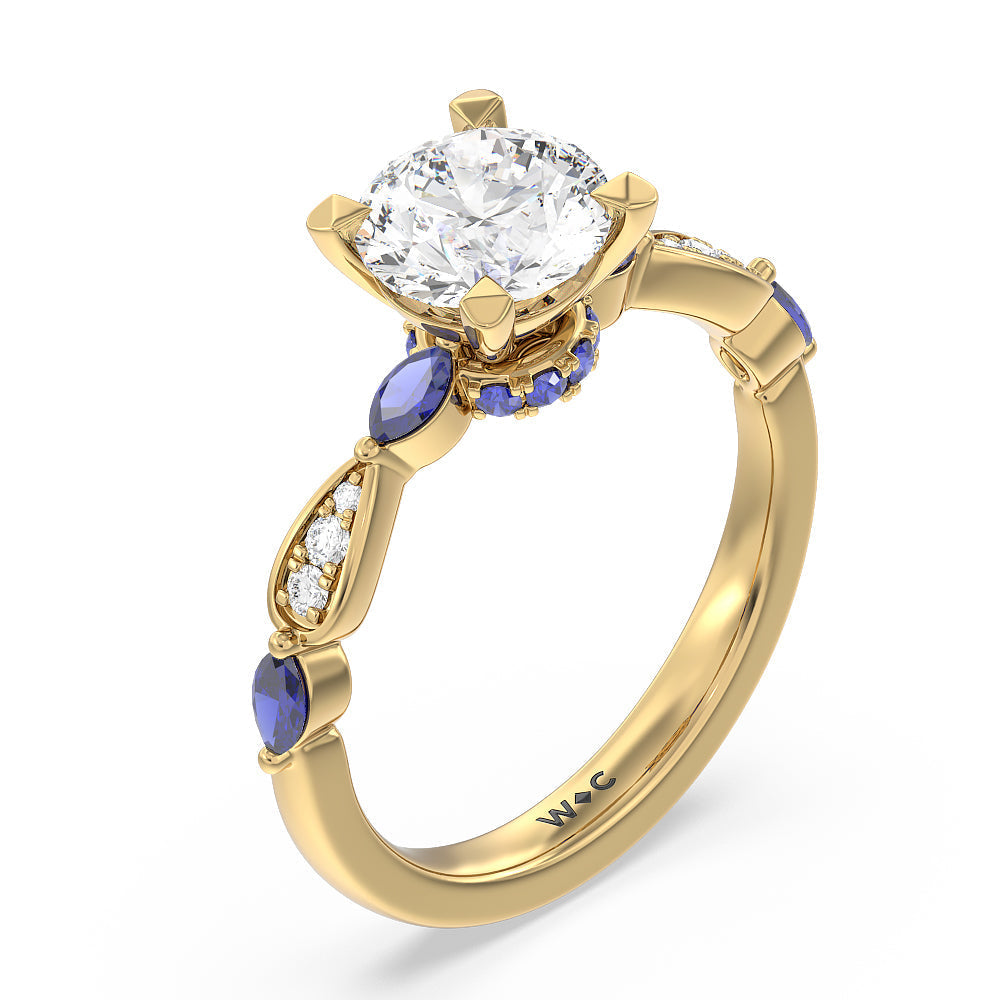 Gerbera Marquise Created Blue Sapphire and Diamond Engagement Ring with Round Cut Diamond in 14KT Yellow Gold view 3
