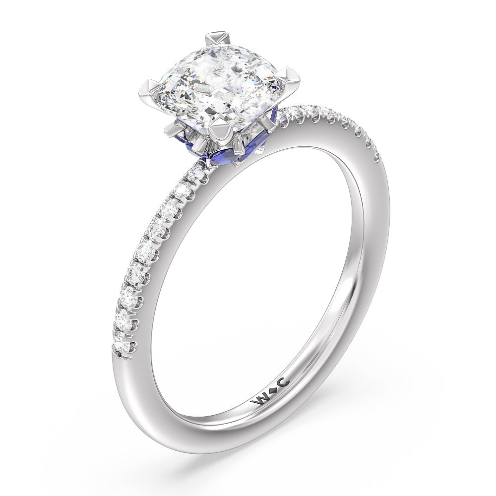 Something Blue Periwinkle Under Halo Engagement Ring with Cushion Cut Diamond in 14KT Platinum view 3
