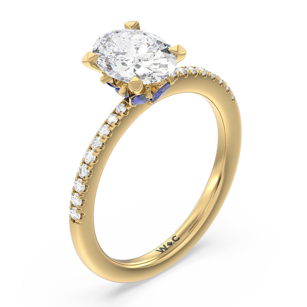 Something Blue Periwinkle Under Halo Engagement Ring with Oval Cut Diamond in 14KT Yellow Gold view 3
