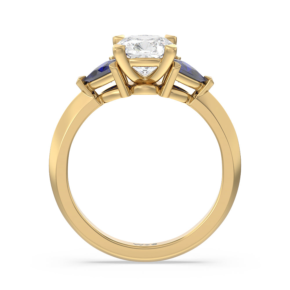Cushion Cut Something Blue Knife Edge Trillion Engagement Ring with Lab Grown Diamond in 14KT Yellow Gold view 2
