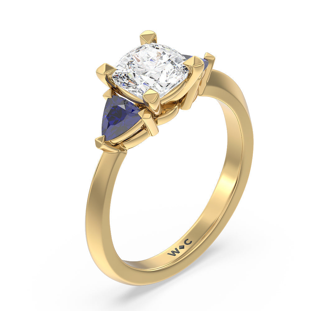 Knife Edge Trillion Engagement Ring with Cushion Cut Diamond in 14KT Yellow Gold view 3
