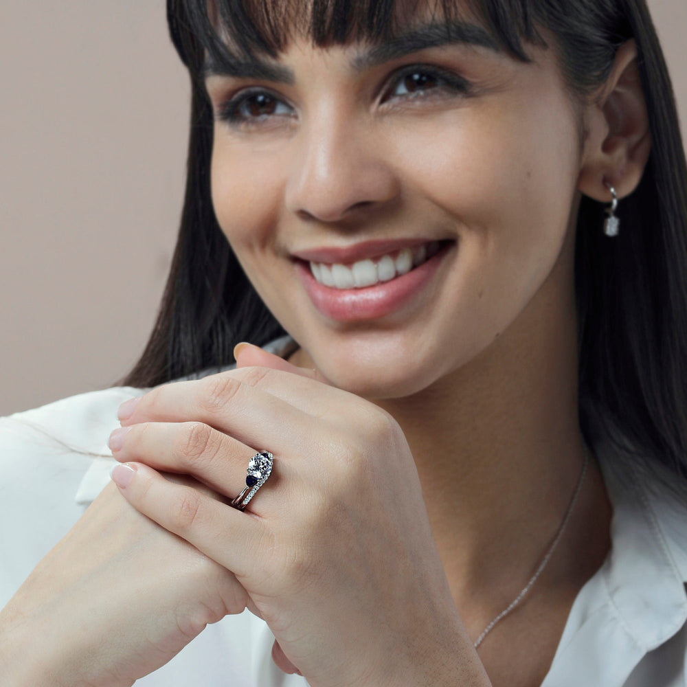 Model Wearing Something Blue Knife Edge Trillion Engagement Ring with Lab Grown Diamond view