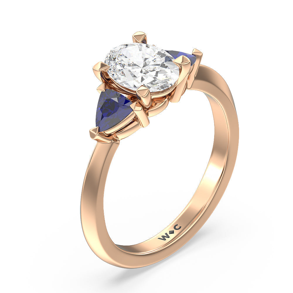 Knife Edge Trillion Engagement Ring with Oval Cut Diamond in 14KT Rose Gold view 3
