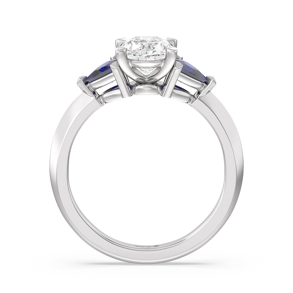 Oval Cut Something Blue Knife Edge Trillion Engagement Ring with Lab Grown Diamond in 14KT Platinum view 2
