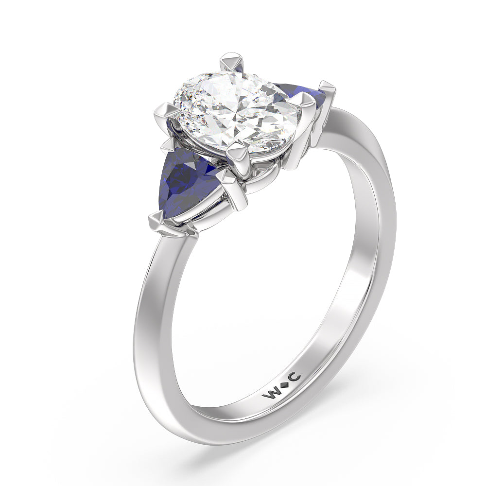 Oval Cut Something Blue Knife Edge Trillion Engagement Ring with Lab Grown Diamond in 14KT Platinum view 3
