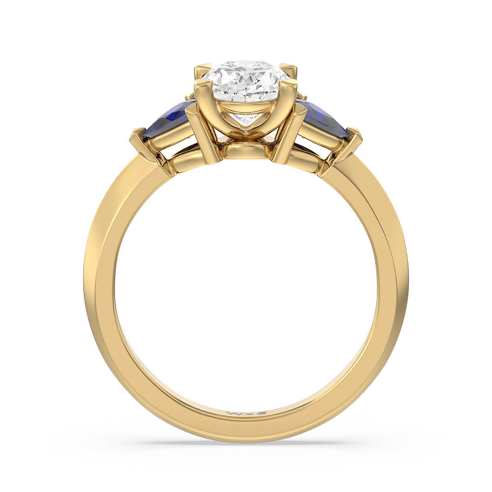 Oval Cut Something Blue Knife Edge Trillion Engagement Ring with Lab Grown Diamond in 14KT Yellow Gold view 2

