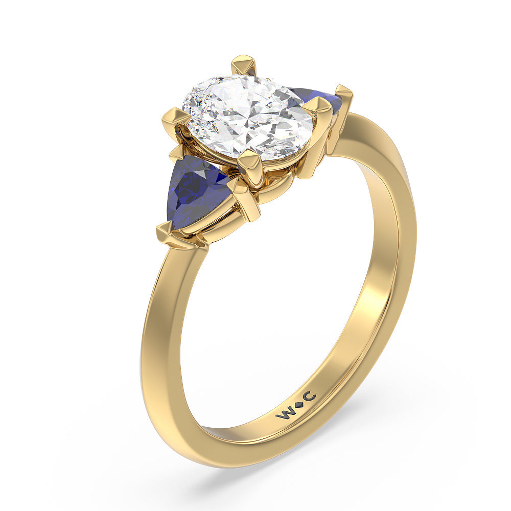 Oval Cut Something Blue Knife Edge Trillion Engagement Ring with Lab Grown Diamond in 14KT Yellow Gold view 3
