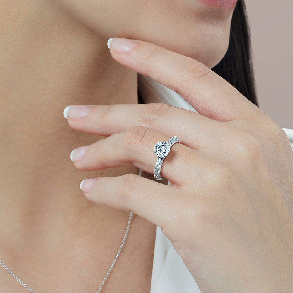 Model Wearing Orchid Knife Edge Engagement Ring view
