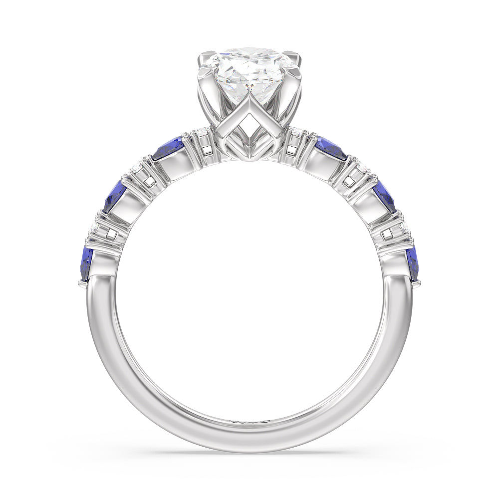 Something Blue Anemone Floral Basket Engagement Ring with Oval Cut Diamond in 14KT Platinum view 2
