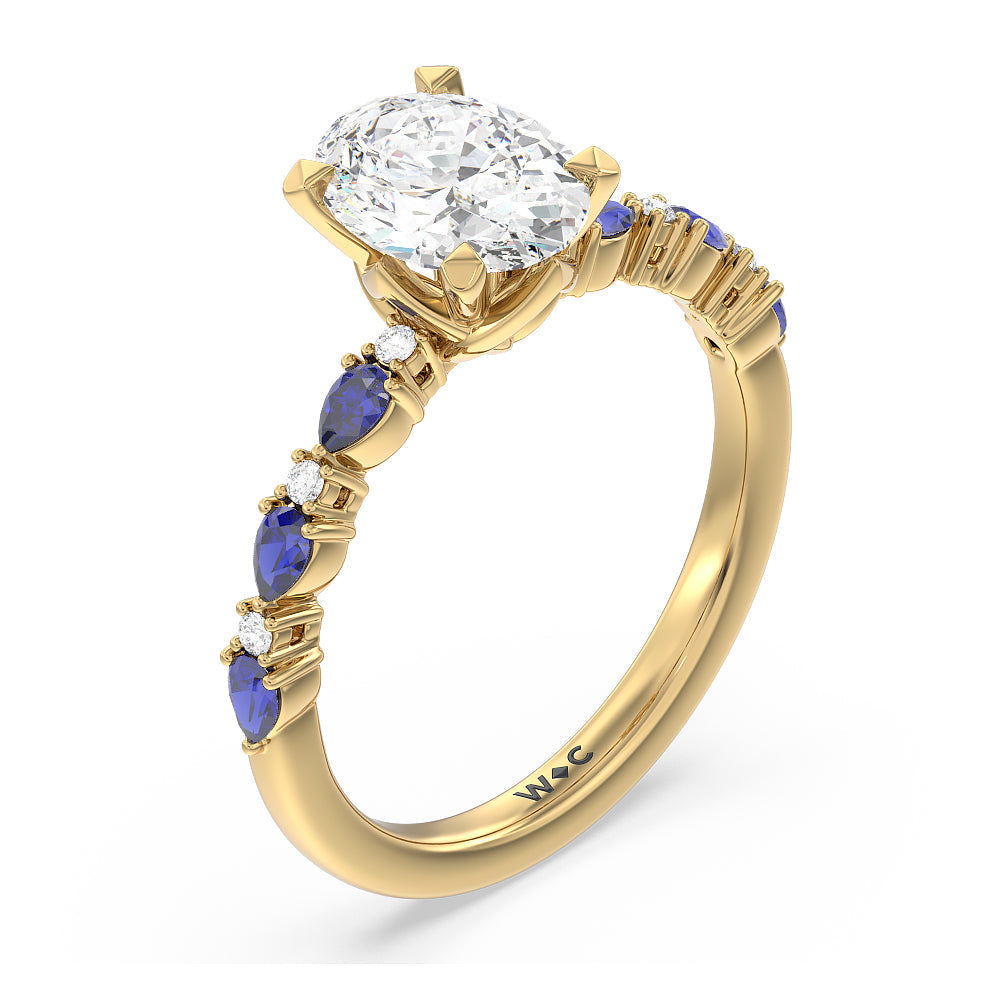 Something Blue Anemone Floral Basket Engagement Ring with Oval Cut Diamond in 14KT Yellow Gold view 3
