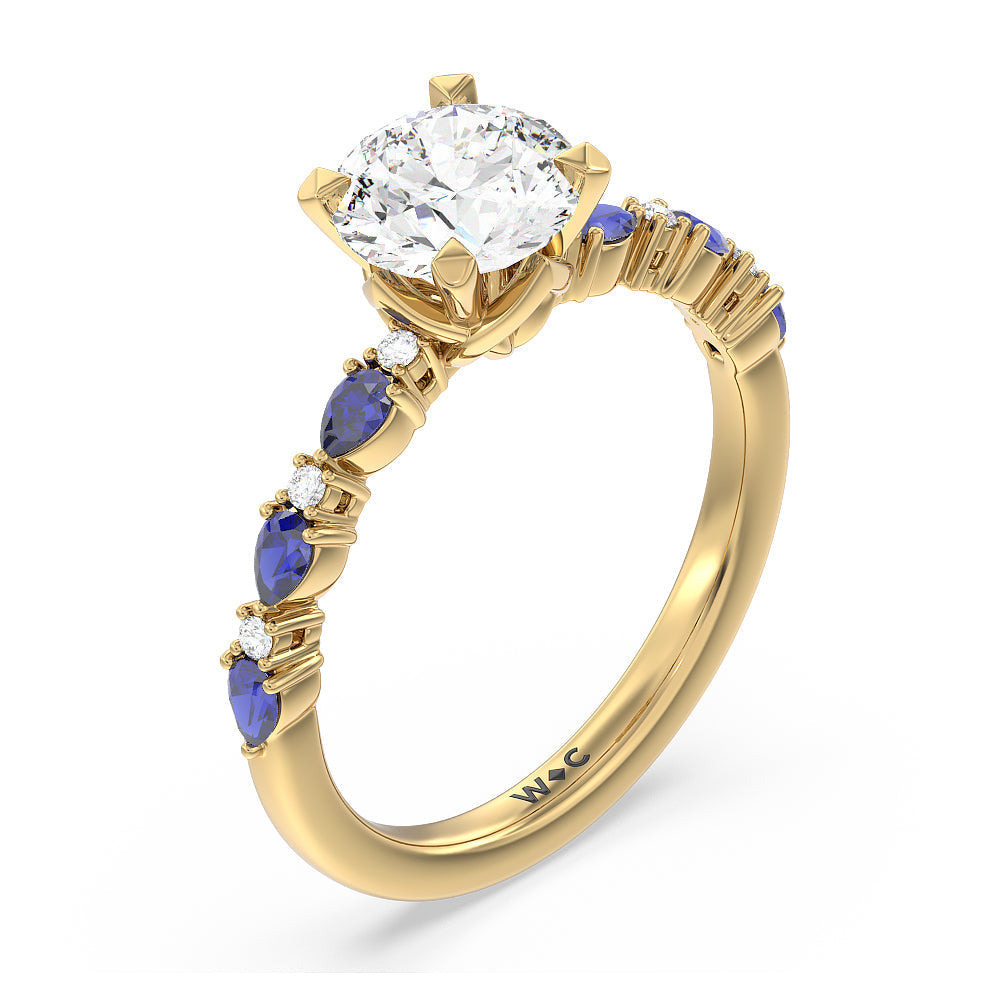 Something Blue Anemone Floral Basket Engagement Ring with Round Cut Diamond in 14KT Yellow Gold view 3
