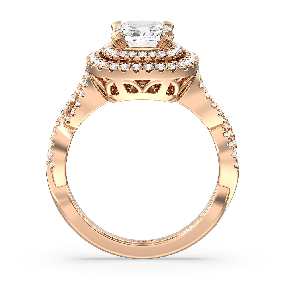 Double Halo Cross Engagement Ring with Cushion Cut Diamond in 14KT Rose Gold view 2
