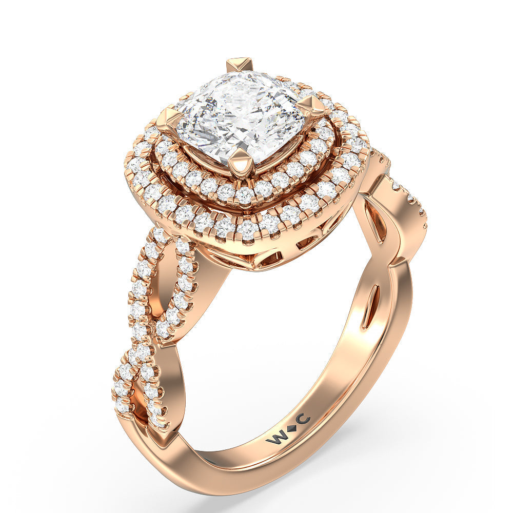 Double Halo Cross Engagement Ring with Cushion Cut Diamond in 14KT Rose Gold view 3
