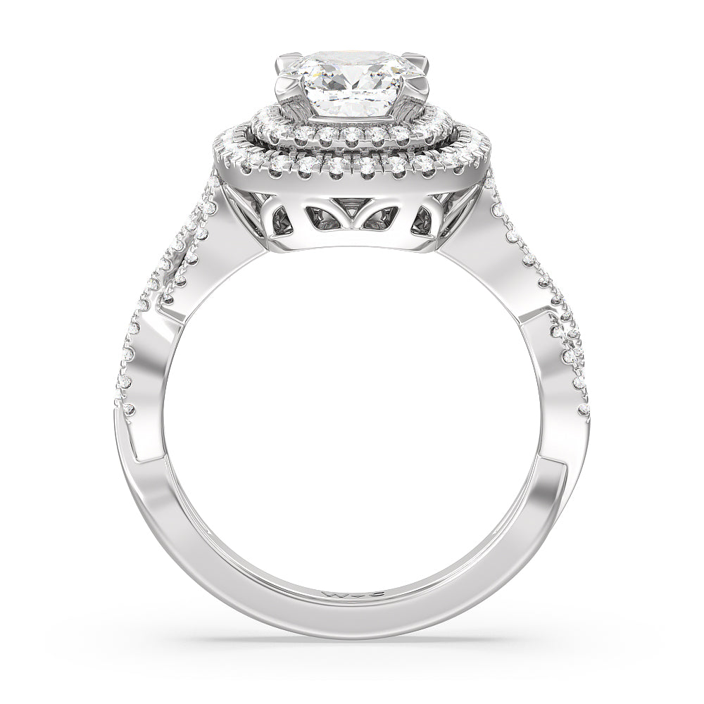Double Halo Cross Engagement Ring with Cushion Cut Diamond in 14KT Platinum view 2
