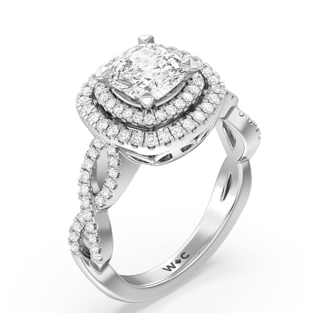 Double Halo Cross Engagement Ring with Cushion Cut Diamond in 14KT Platinum view 3
