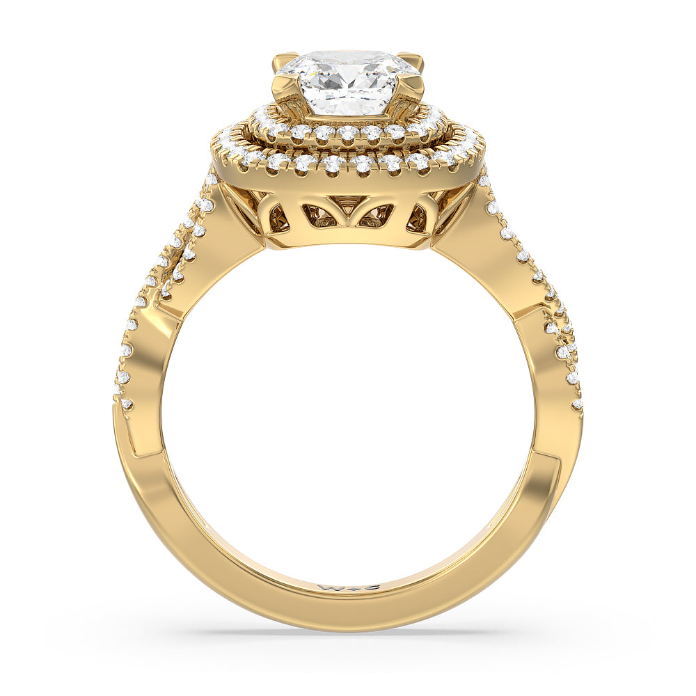 Double Halo Cross Engagement Ring with Cushion Cut Diamond in 14KT Yellow Gold view 2
