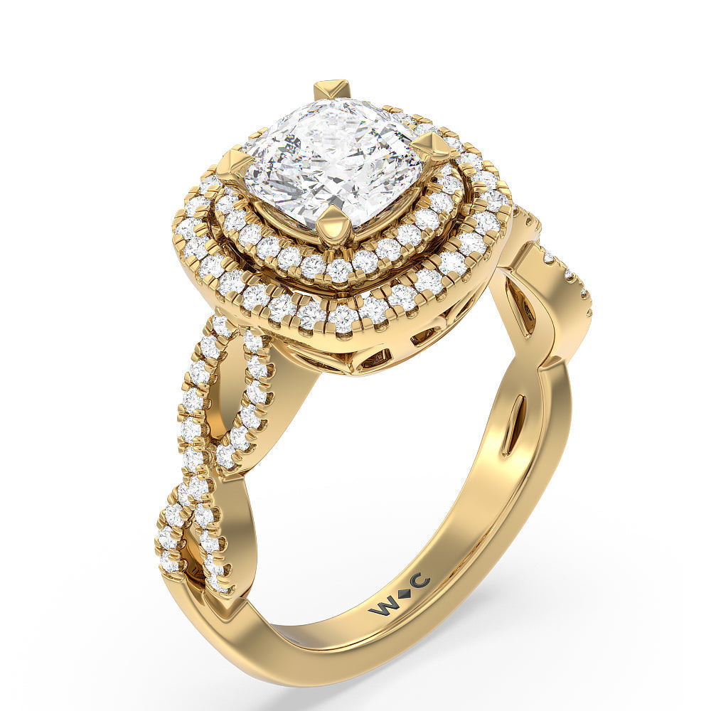 Double Halo Cross Engagement Ring with Cushion Cut Diamond in 14KT Yellow Gold view 3
