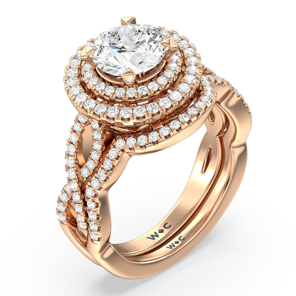 Double Halo Cross Engagement Ring with Emerald Cut Diamond in 14KT Rose Gold view 4
